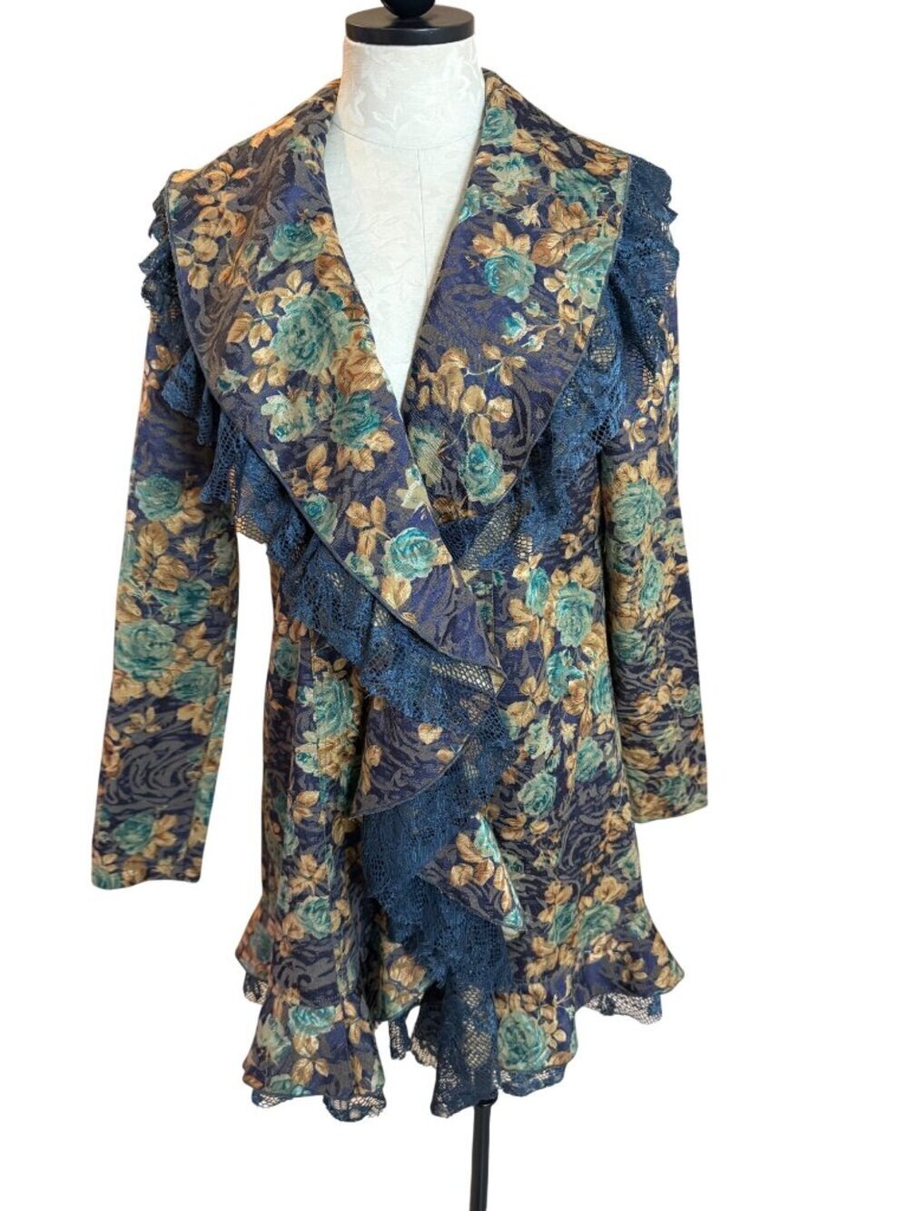 Rossi Roma Womens Floral Lace Coat Jacket Size Large Ruffle Trim Italian Vintage - Picture 12 of 13